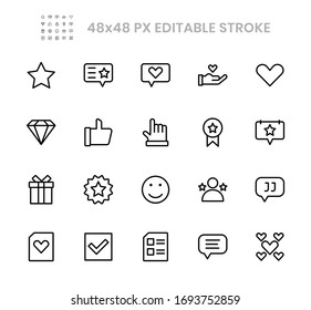 Testimony and Appriceate 20 line icons design. Contains such as stars, love, thumbs, gifts, diamonds, marks more. 48x48 pixel editable stroke. Vector illustration Eps 10