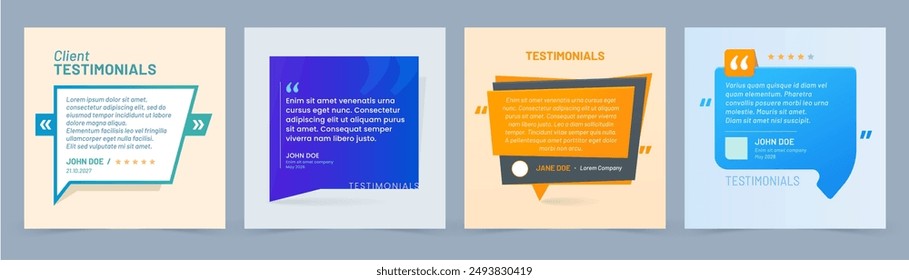 Testimony review templates, customer feedback, speech box layout, frames with quotation marks. Vector client testimonial, social media post, web banners or comments. Modern style message borders