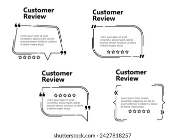 Plantillas de revisión de testimonios, diseño del buzón de voz de los comentarios de los clientes, marcos de citas vectoriales, plantillas de mensajes de testimonio de clientes, buzón de voz de medios sociales con citación entre comillas y estrellas de calificación