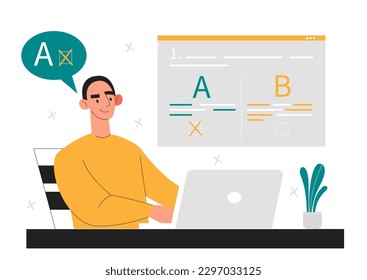 Testing ab concept. Man sits at laptop and checks code for applications and programs. Programmer and IT specialist in workplace. Website page oiptimization. Cartoon flat vector illustration