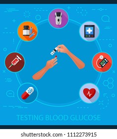 Testing blood glucose flat icons concept. Vector illustration. Element template for design.