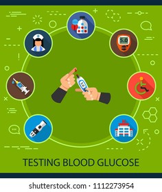 Testing blood glucose flat icons concept. Vector illustration. Element template for design.