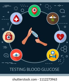 Testing blood glucose flat icons concept. Vector illustration. Element template for design.