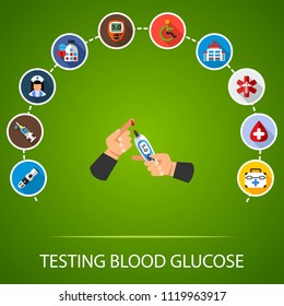 Testing blood glucose flat icons concept. Vector illustration. Element template for design.