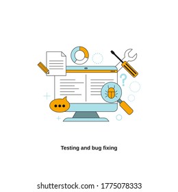 Testing and bug fixing concept. Vector template for website, mobile website, landing page, ui.