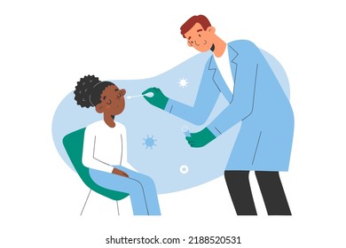 Testing A Child For Covid, Friendly Medical Doctor Taking A Cotton Swab Sample For Coronavirus From A Little African-American Girl, Collecting Specimen From Nose And Throat, Vector Illustration