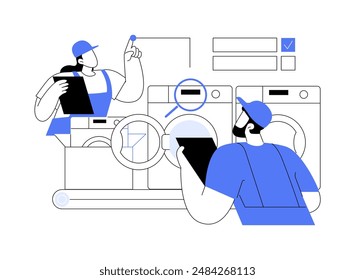 Testen der vollständigen abstrakten Konzeptentwicklung der Appliance-Vektorillustration. Gruppe von Fabrikarbeitern, die die Qualität von Waschmaschinen, Elektronikfertigung, abstrakte Metapher der Leichtindustrie testen.