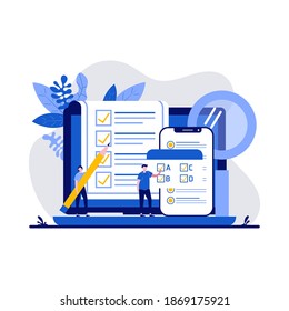 Testing concept with character. People answering quiz checklist and success result abstract vector illustration. Online exam, questionnaire form, online education, survey metaphor.