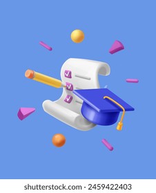 Concepto de prueba. Respuestas de marca de verificación en el papel del cuestionario y tope de graduación. Ilustración 3d del Vector de examen de prueba