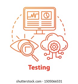 Testing concept icon. Search for information on computer and cloud storage. Web analytics. Defects recognizing idea thin line illustration. Vector isolated outline drawing