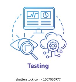 Testing concept icon. Search for information on computer and cloud storage. Web analytics. Defects recognizing idea thin line illustration. Vector isolated outline drawing