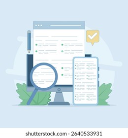 Testing concept. Reading test. Online exam, questionnaire form, Explore quiz checklist answers and success results. Online education, survey metaphor. Flat vector illustration on background.