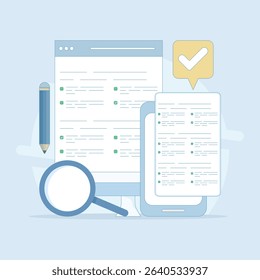 Testing concept. Reading test. Online exam, questionnaire form, Explore quiz checklist answers and success results. Online education, survey metaphor. Flat vector illustration on background.