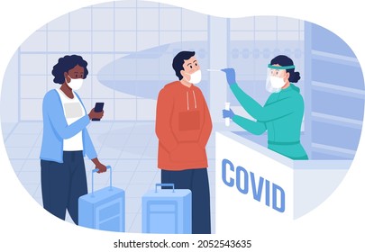 Testing for covid at airport 2D vector isolated illustration. Passengers and nurse in facial respiratory masks flat characters on cartoon background. Medical control for safe travel colourful scene