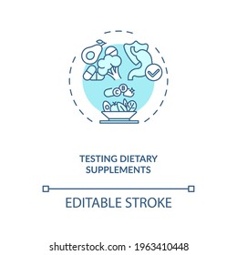 Testing dietary supplements concept icon. Clinical trials idea thin line illustration. Nutrient ingredients. Foodstuffs. Additives. Vector isolated outline RGB color drawing. Editable stroke