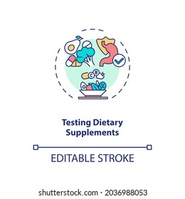 Testing dietary supplements concept icon. Clinical trials idea thin line illustration. Identifying beneficial biological effect. Additives. Vector isolated outline RGB color drawing. Editable stroke