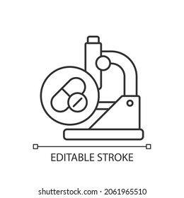 Icono lineal de las drogas de prueba. Posible desarrollo de tratamiento. Estudiando nuevos medicamentos. Ilustración personalizable de línea delgada. Símbolo de contorno. Dibujo de contorno aislado del vector. Trazo editable