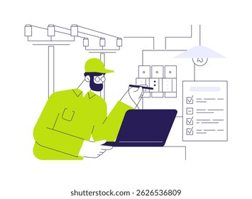 Test d'illustration vectorielle abstraite de concept de câblage électrique. Ingénieur avec ordinateur portable faire le test PAT, travaux d'intérieur avec la tension, électricien industriel, la métaphore abstraite de la maintenance de l'énergie.