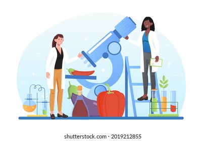 Testing food for genetically modified product, bio engineering research lab, veterinary control, nitrate free, nutrition safety. Flat abstract cartoon vector concept isolated on white background