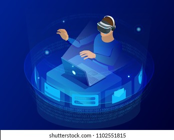 Testing games concept. Isometric man wearing virtual reality headset and gesturing while sitting at his desk in creative office. Developing programming and coding technologies.