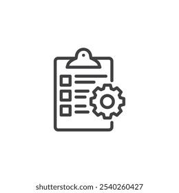 Ícone da linha da lista de testes. sinal de estilo linear para conceito móvel e design da Web. Verificando a funcionalidade do produto e ícone do vetor da estrutura de tópicos de durabilidade. Lista de verificação com símbolo de engrenagem, ilustração do logotipo