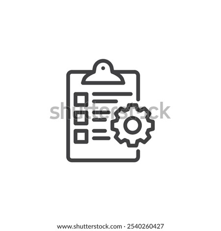 Testing list line icon. linear style sign for mobile concept and web design. Verifying product functionality and durability outline vector icon. Check list with gear symbol, logo illustration