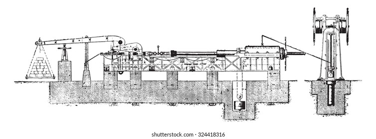 Testing machine tensile strength of 100 tons, vintage engraved illustration. Industrial encyclopedia E.-O. Lami - 1875.
