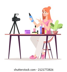 Testing new cosmetics for audience semi flat RGB color vector illustration. Female beauty influencer isolated cartoon character on white background