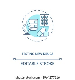 Testing new drugs concept icon. Trials type idea thin line illustration. Pharma industry. Trying potential medical products, treatments. Vector isolated outline RGB color drawing. Editable stroke