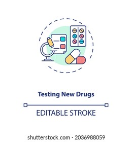 Testing new drugs concept icon. Clinical trials type idea thin line illustration. Pharmaceutical industry. Monitoring medicine safety. Vector isolated outline RGB color drawing. Editable stroke