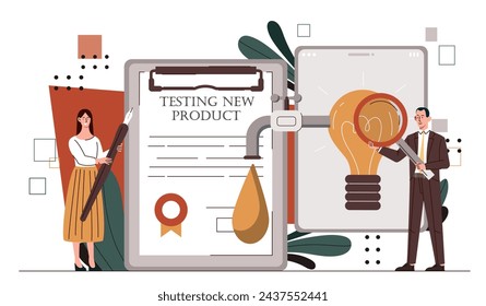 Testing new product concept. Man and woman near lghtbulb. Business project and start up. Creativity and insight, brainstorming. Cartoon flat vector illustration isolated on white background