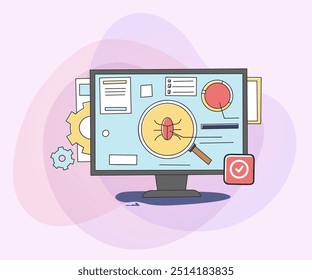 Testing new program or application. Computer monitor with bug and magnifier, fixing bugs, using computer. Vector illustration for software development, programming, coding concept