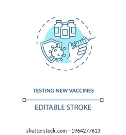 Testing new vaccines concept icon. Clinical trials type idea thin line illustration. Vaccine development. Evaluating for efficacy and safety. Vector isolated outline RGB color drawing. Editable stroke