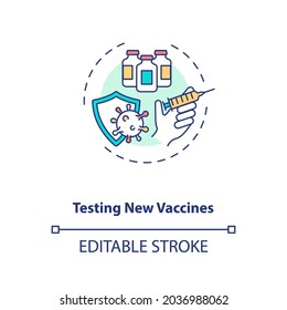 Testing new vaccines concept icon. Clinical trials type idea thin line illustration. Vaccine development. Looking for potential side effects. Vector isolated outline RGB color drawing. Editable stroke