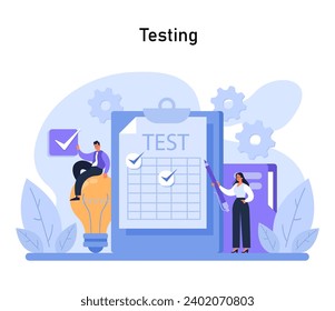 Testing phase visual. Professionals rigorously evaluate a product, focusing on quality assurance and user satisfaction within the Design Thinking framework. Flat vector illustration