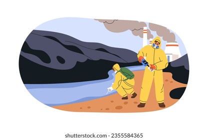 Testing polluted water at chemical industry plant. Scientists in PPE taking toxic samples at factory sewage. Industrial pollution concept. Flat graphic vector illustration isolated on white background