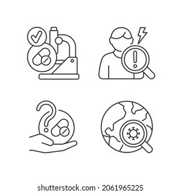 Testing potential treatments linear icons set. Successful research. Observational studies. Blind trials. Customizable thin line contour symbols. Isolated vector outline illustrations. Editable stroke