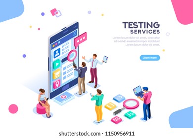 Testing process, coding team on software infographics. UX for smartphone, teamwork on device, content programming for seo. Flat isometric characters and text for designer content place.