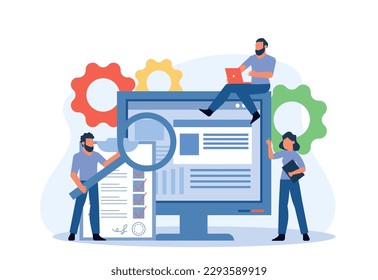 Testing a program or business application. People experts check software and security for bugs. Correction and debugging of errors in the program. Vector illustration concept