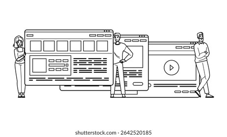 testing prototype website vector. wireframe responsive, mobile desktop, navigation layout testing prototype website character. people black line pencil drawing illustration