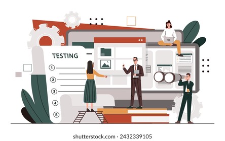 Testing quality assurance concept. Men and women work at product. Programmers and IT specialists evaluate computer program and mobile application code. Cartoon flat vector illustration