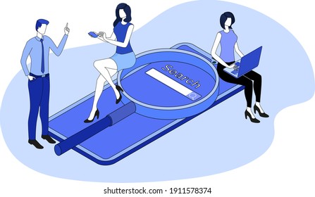 Probando el motor de búsqueda.La gente usa su smartphone y su laptop para probar una aplicación de búsqueda.Desarrollo de nuevas aplicaciones, trabajo en equipo y tecnologías modernas.Imagen 3D.Isometric ilustración.