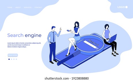 Testing the search engine.People use their smartphone and laptop to test a search app.Development of new applications,teamwork and modern technologies.3D image.The landing page template.
