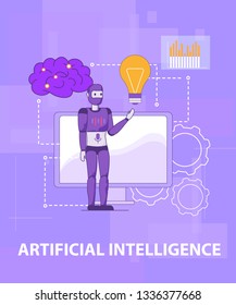 Testing Smart Artificial Intelligence. Self Learning Android Robot in front of Computer Screen with Working Brain, Alight Lamp, Gears and Chips on Purple Background. Programming Cybernetic Mind