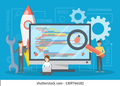 Testing Software Concept. Application Code Test Process. Man Searching For Bugs. Idea Of Computer Technology. Digital Analysis. Vector Illustration In Cartoon Style