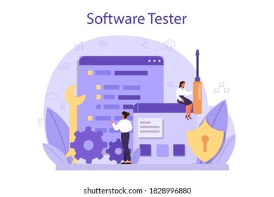 Testing software concept. Application or website code test process. IT specialist searching for bugs. Idea of computer technology. Digital analysis. Vector illustration in cartoon style