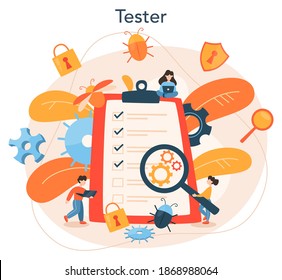 Testing software concept. Application or website code test process. IT specialist searching for bugs. Idea of computer technology. Digital analysis. Vector illustration in cartoon style