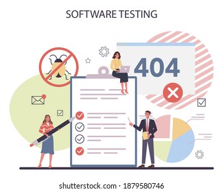 Testing software concept. Application or website code test process. IT specialist searching for bugs. Idea of computer technology. Digital analysis. Vector illustration in cartoon style