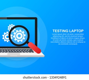 Testing software concept with laptop and wheel gears. Vector stock illustration.