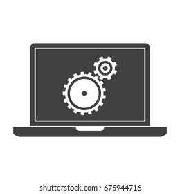 Testing software concept with laptop and wheel gears, vector silhouette